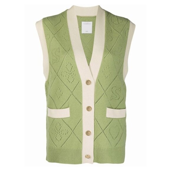 New Sandro Espoir 100% Wool Perforated Logo Sweater Vest Green Ecru Small $340 - Picture 2 of 9